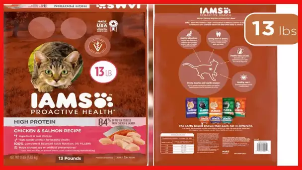 IAMS PROACTIVE HEALTH High Protein Adult Dry Cat Food with Chicken & Salmon Cat Kibble, 13 lb. Bag