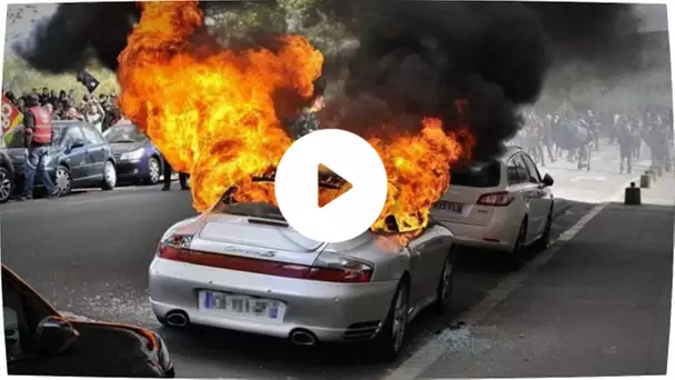 DES MANIFESTANTS EN COLÈRE BRÛLENT UNE PORSCHE  !!