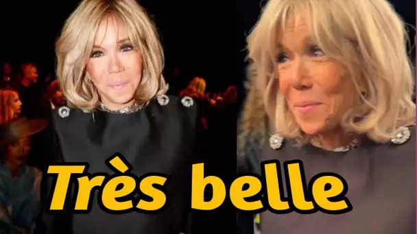 Brigitte Macron rayonne dans une blouse à épaulettes scintillante lors du défilé Louis Vuitton