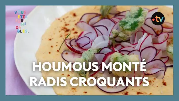 Recette zéro déchet - Houmous monté, radis croquants et tempura fanes