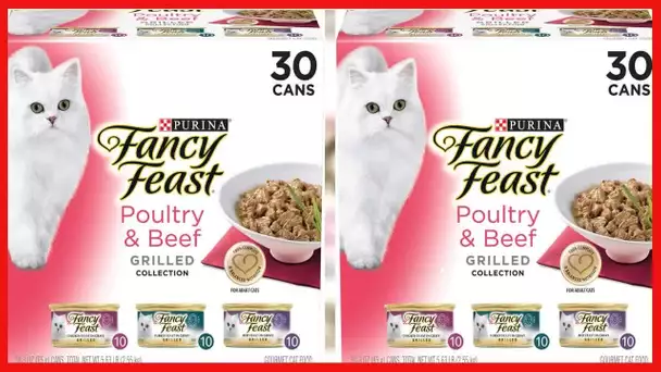 Purina Fancy Feast Gravy Wet Cat Food Variety Pack, Poultry & Beef Grilled Collection - (30) 3 oz