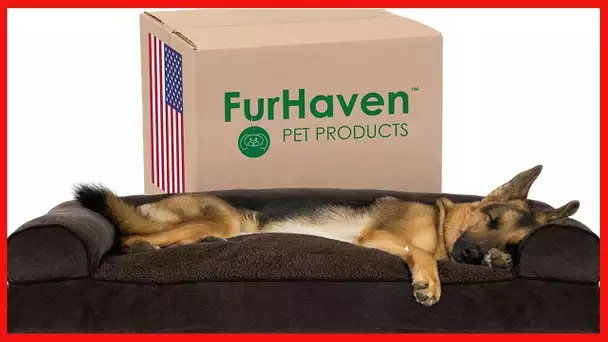 Furhaven Pet Bed for Dogs and Cats - Sherpa and Chenille Sofa-Style Pillow Cushion Dog Bed