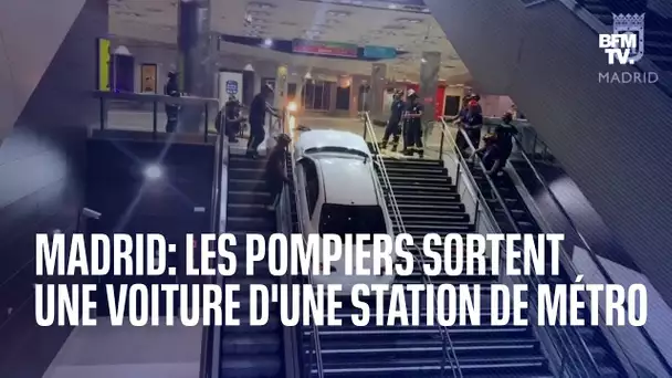 À Madrid, les pompiers sortent une voiture volée qui s’était retrouvée dans une station de métro