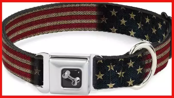 Buckle-Down Dog Collar Seatbelt Buckle Vintage US Flag Stretch 11 to 17 Inches 1.0 Inch Wide