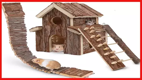 HWONMTE Hamster Toys House 3 Pack Guinea Pig Toys Hamsters Climbing Ladder Brige Natural Wooden