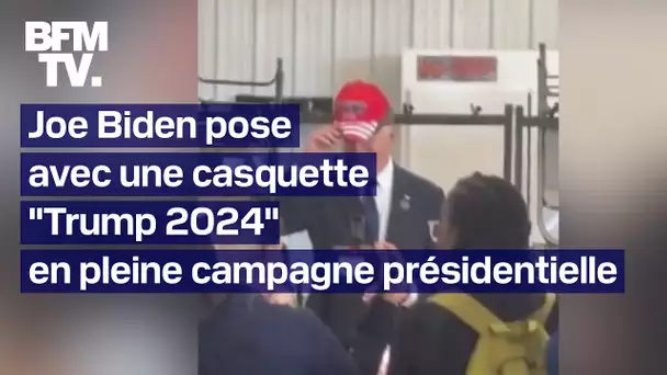 Joe Biden pose avec une casquette "Trump 2024" en pleine campagne présidentielle