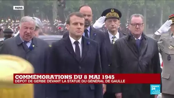 Commémorations du 8 mai 1945 : Emmanuel Macron devant la statue du Général de Gaulle