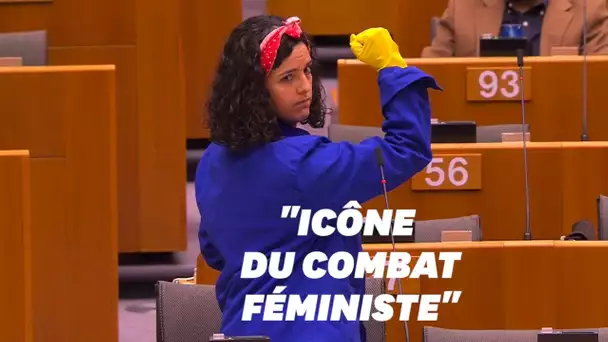 Manon Aubry habillée en Rosie la Riveteuse au Parlement européen