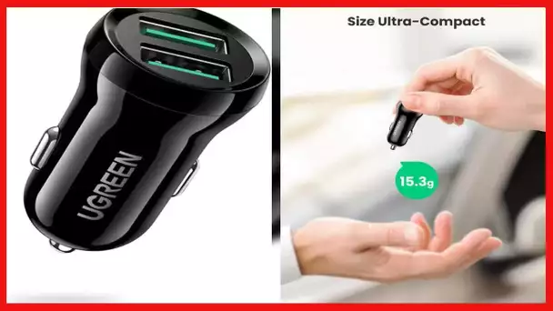 UGREEN Car Charger Adapter, Dual QC 3.0 24W Mini Car Charger Compatible with iPhone 14/13/12/11/SE/X