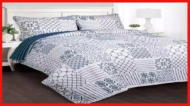 Lush Decor Monique 3 Piece Reversible Print Pattern Blue Quilt Set - Full Queen