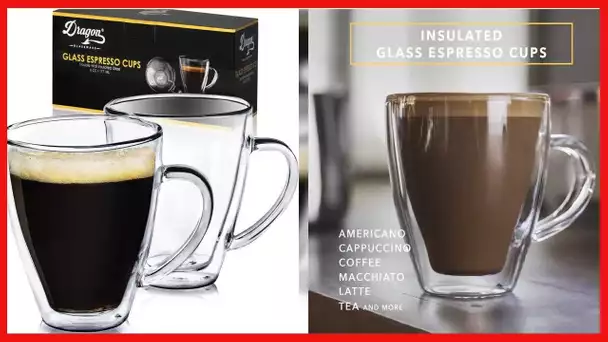 Dragon Glassware Espresso Cups, Clear Glass Double Wall Insulated Coffee Cups, Keeps Beverages Hot