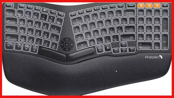 ProtoArc Backlit Wireless Ergonomic Keyboard, EK01 Bluetooth Ergo Split Keyboard with Wrist Rest,