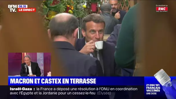 Sans masque et avec un café à la main, l'image d'Emmanuel Macron sur une terrasse à Paris