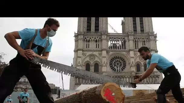 Des charpentiers sur le parvis de Notre-Dame-de-Paris