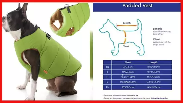 Gooby Padded Vest Dog Jacket - Solid Green, Small - Warm Zip Up Dog Vest Fleece Jacket with Dual D