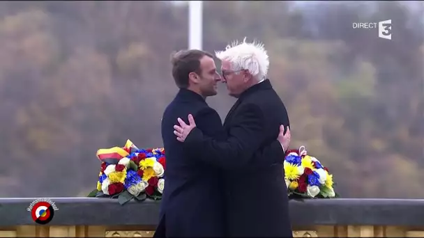 L&#039;accolade entre Emmanuel Macron et Frank-Walter Steinmeier au Hartmannswillerkopf