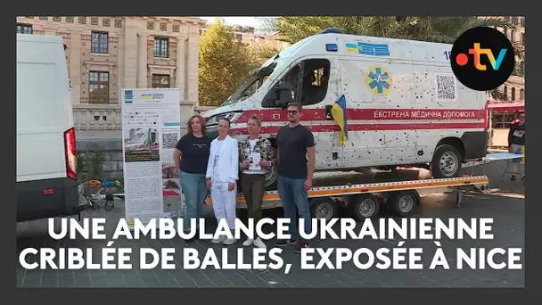 Une ambulance ukrainienne criblée de balles, exposée à Nice pour récolter des fonds