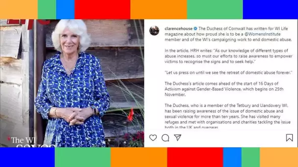 Camilla Parker Bowles engagée  souriante en robe bleue à imprimés, elle fait la Une d'un magazine f