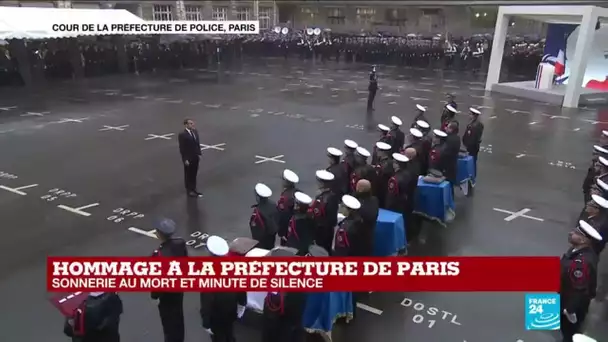 Hommage à la préfecture de police : E. Macron marque une pause devant les quatre cercueils