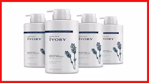 Ivory Sensitive Skin Moisturizing Body Wash, Hint of Lavender, 17.9 Fl Oz (Pack of 4)