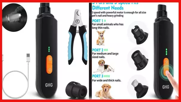 GHG Dog Nail Grinder Upgraded - Professional Dog Nail Trimmers Rechargeable, Dog Nail Clipper