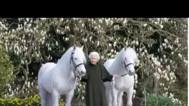 Rayonnante reine dans son élément alors qu'elle pose avec des poneys bien aimés pour la photo du 96e