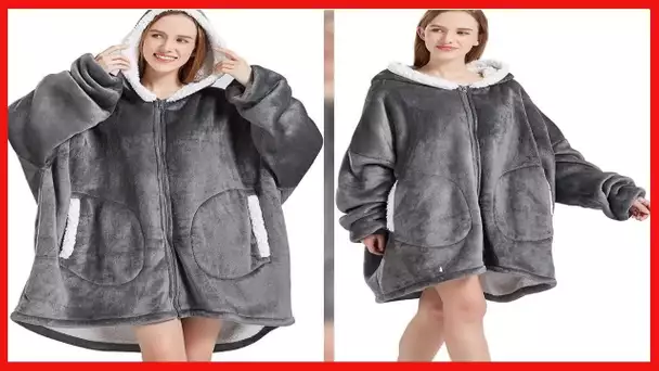 Wearable Blanket Hoodie with Zip for Women Men, Fuzzy Warm Sherpa Comfy Oversized Hoodie Blanket