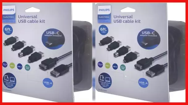 Philips 5-in-1 Universal USB Cable Kit, Includes Adapters for: Mini-B (5 PIN), USB-C, USB-B, Micro