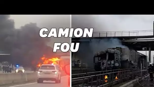 Dans l'Oise, un camion percute un péage après une course-poursuite et prend feu