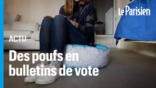 «Dans ce coussin on a Macron, Mélenchon» : des meubles fabriqués avec les vieux bulletins de vote