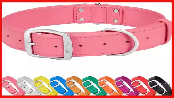 Compuda Leather Dog Collar for Medium Large Dogs, Soft Padded Double Buckle Full Genuine Leather