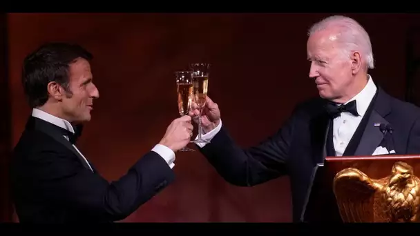 Chandeliers, bouquets de roses, verres en cristal... Le fastueux dîner d'État entre Macron et Biden