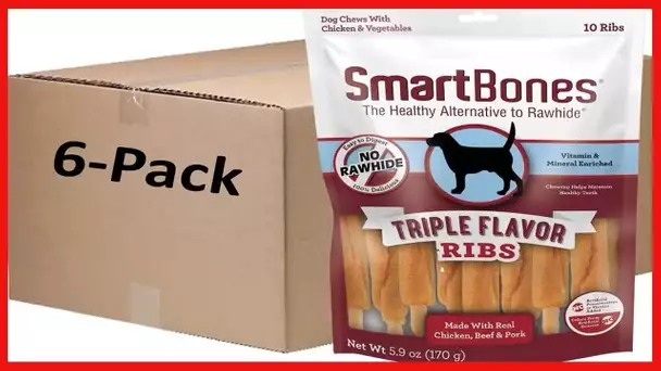 SmartBones Triple Flavor Ribs, 10 Count, Rawhide-Free Chews for Dogs. (Pack of 6)