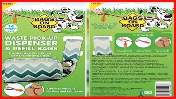 Bags on Board Dog Poop Bags Dispenser with 14 Refill Bags | Attaches to Most Leashes, Green