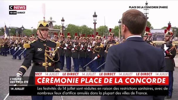 Cérémonie place de la Concorde : Emannuel Macron passe en revue les troupes en format restreint