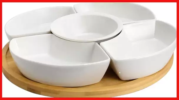 Elama Ceramic Stoneware Condiment Appetizer Set, 6 Piece, Compartment Round in White