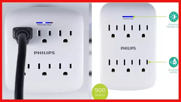 Philips 6-Outlet Extender Surge Protector, Wall Tap, 900 Joules, Space Saving Design, 3-Prong