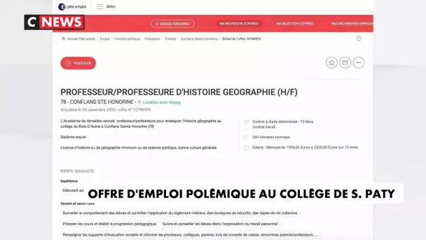 Samuel Paty : polémique après la publication d'une offre d'emploi dans le collège de l'enseignant