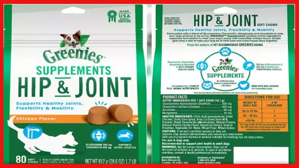 Greenies Hip & Joint Dog Supplements with Glucosamine and Chondroitin, 80-Count Chicken-Flavor Soft