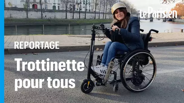 Grâce à cette invention, on peut mettre un fauteuil roulant sur une trottinette