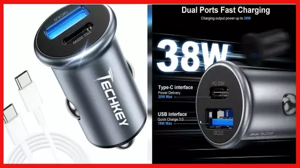 USB C Car Charger, Techkey 38W Dual Port Fast USB Car Charger Compact Power Adapter with Power