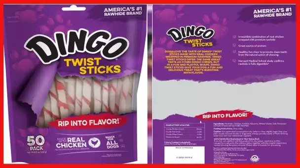 Dingo Twist Sticks 50 Count, Rawhide For Dogs, Made With Real Chicken, 50 Count (Pack of 1)