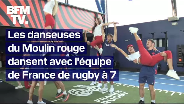 Paris 2024: les danseuses du Moulin rouge s'entraînent avec l'équipe de France de rugby à 7