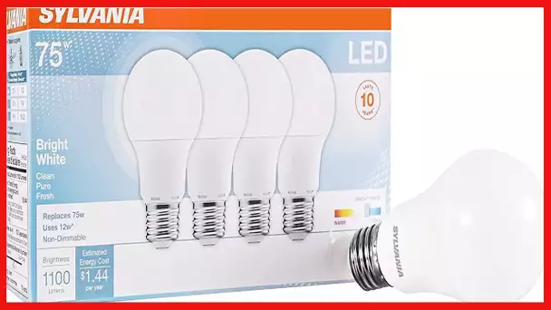 SYLVANIA LED A19 Light Bulb, 75W Equivalent, Efficient 12W, Frosted Finish, 1100 Lumens Bright White