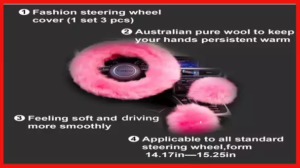 Yontree Cute Fluffy Steering Wheel Covers for Women/Girls/Ladies Australia Pure Wool 15 Inch1 Set 3