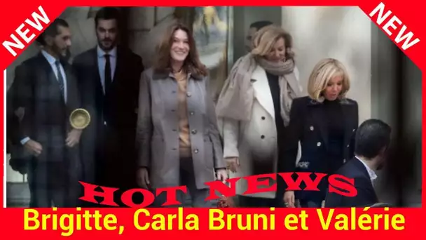 Brigitte Macron, Carla Bruni et Valérie Trierweiler tout sourire, après leur déjeuner à l'Elysée