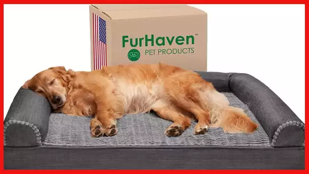 Furhaven Pet Bed for Dogs and Cats - Luxe Fur and Performance Linen Sofa-Style Egg Crate Orthopedic